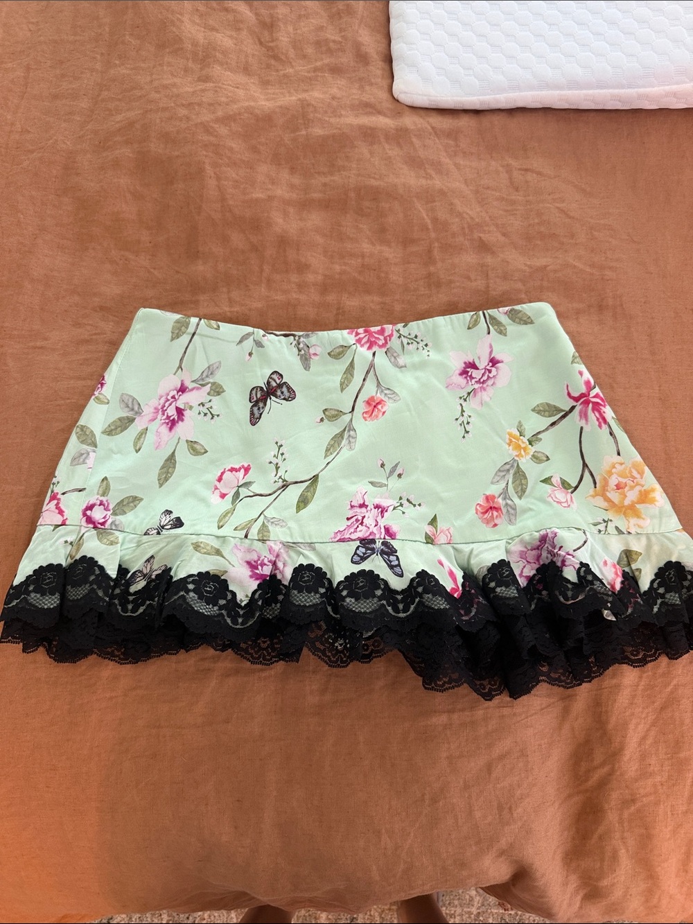 Lovers + Friends Mint Floral Mini Skirt with Black Lace Trim